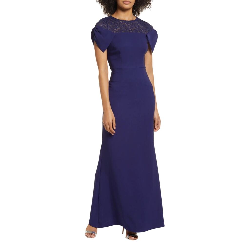 JS Collections Lace and Crepe Short Sleeve Evening Gown Blue Size 6 Formal Dress